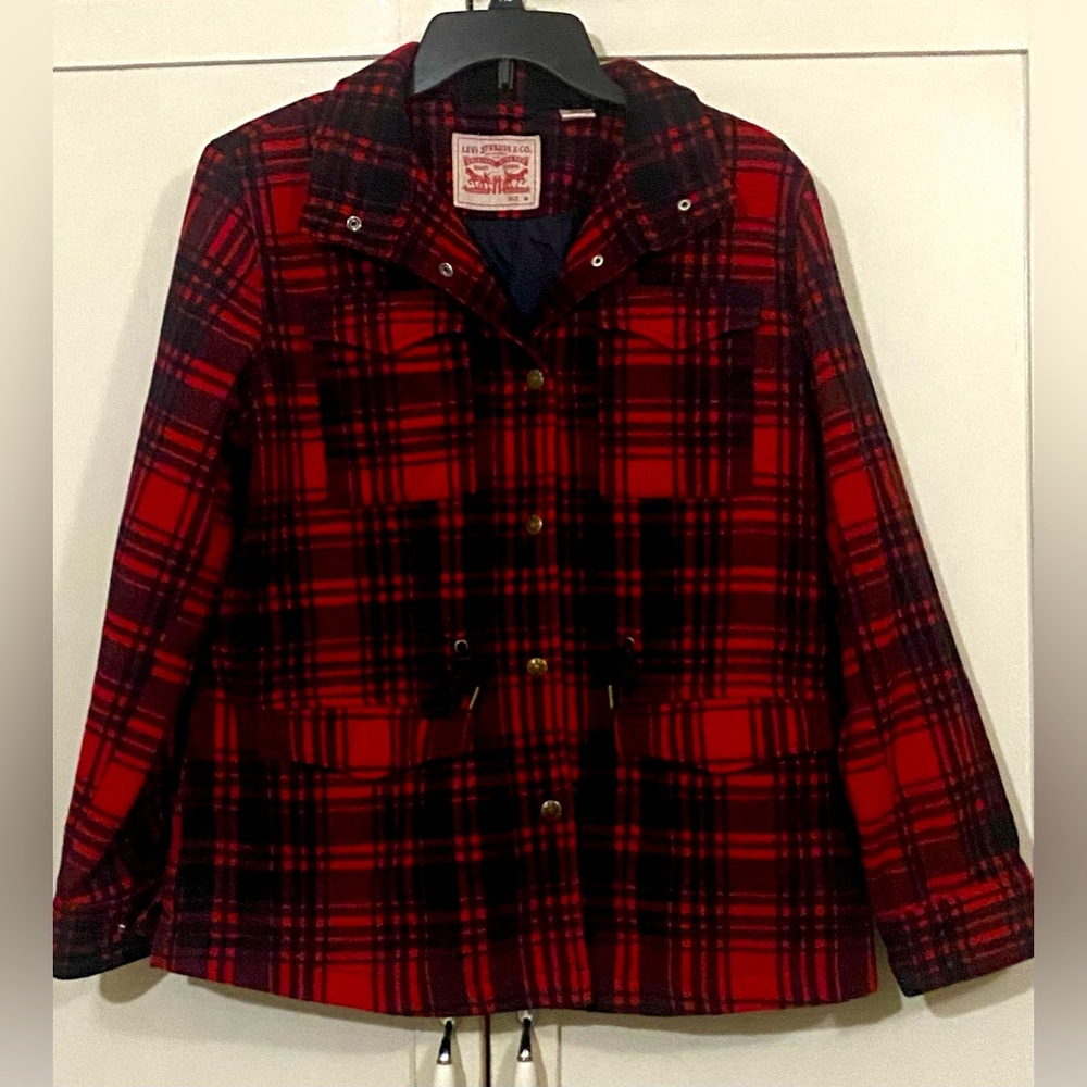 LEVI'S Women's Red & Black Plaid Wool Blend Zipper and Snap Button Jacket